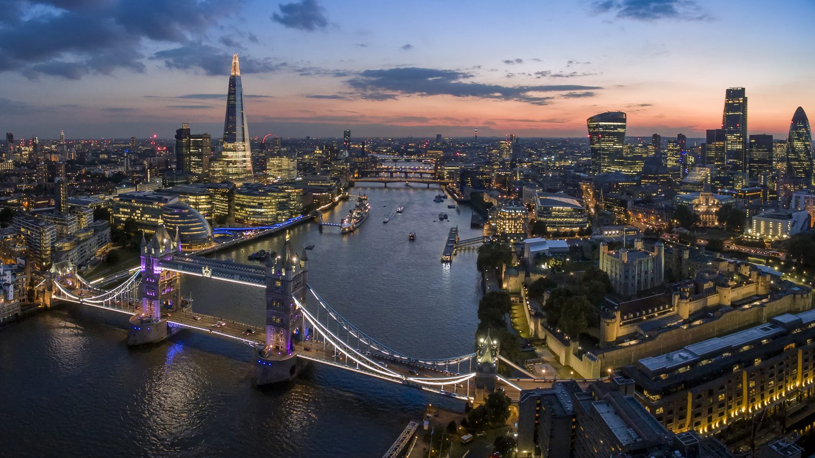 London skyline along the Thames at sunset